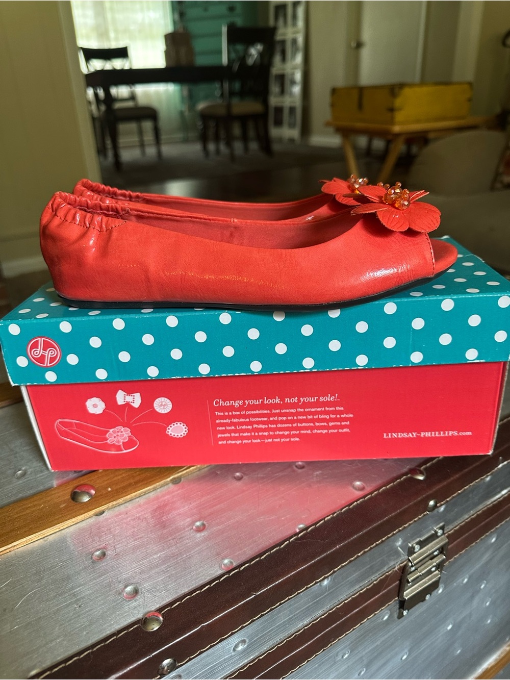 Lindsay Phillips Kate Coral Peep Toe Ballet Flats w/ Interchangeable Snaps Sz 6